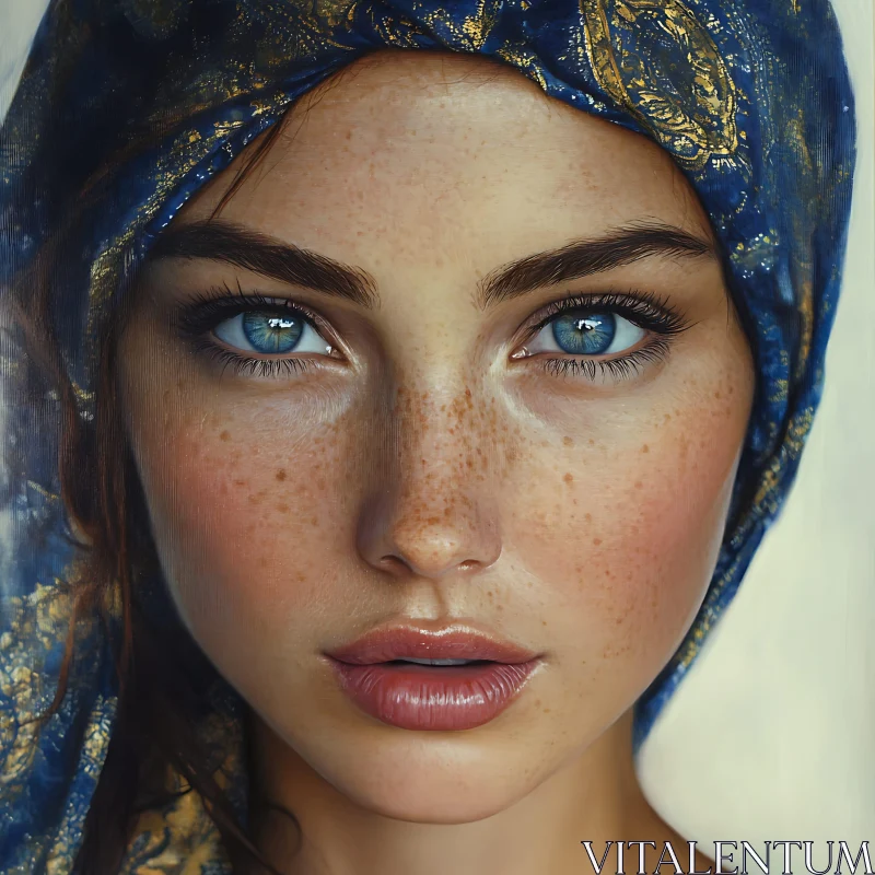 AI ART Portrait of a Woman with Freckles and Blue Eyes