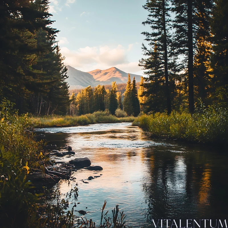 Peaceful Sunset Over River and Mountains AI Image