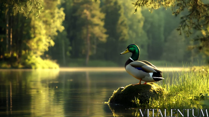 Duck in Sunlit Forest by Tranquil Lake AI Image