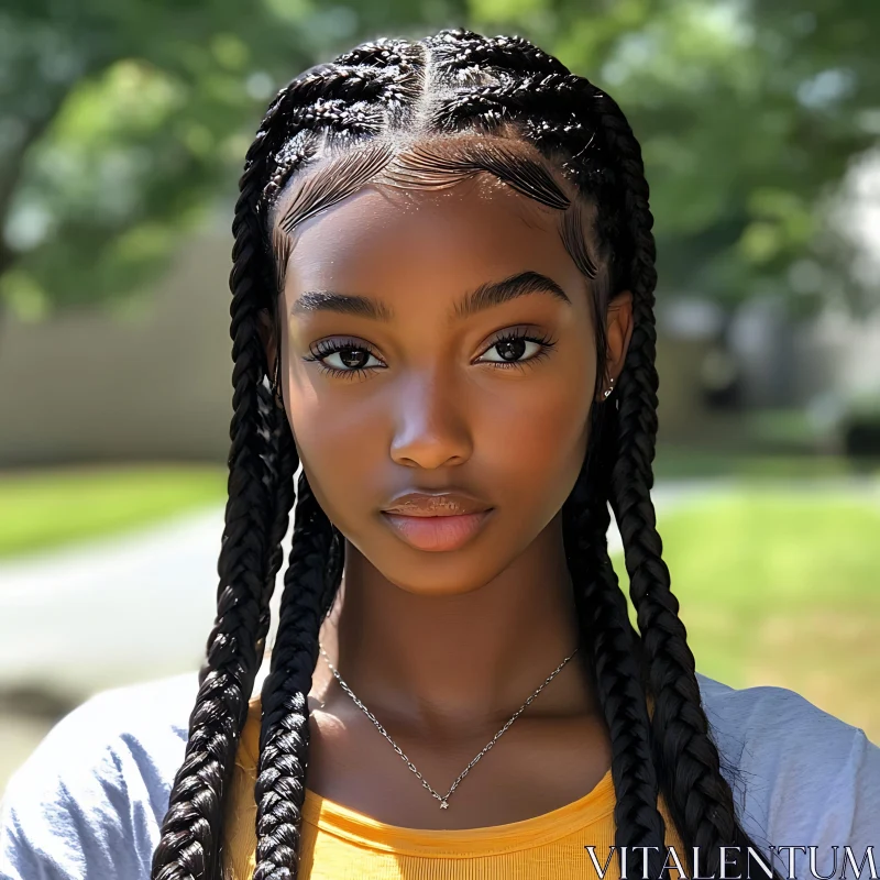 Young Woman with Braids in Outdoor Summer Scene AI Image