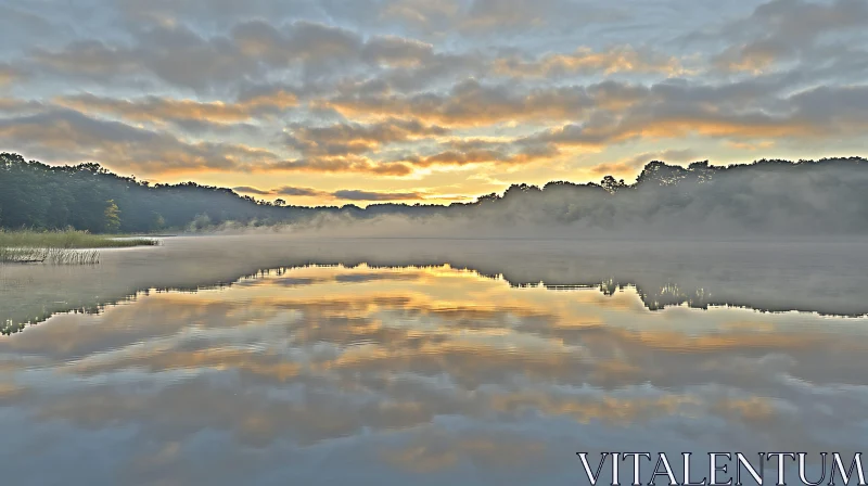 Misty Morning Over Tranquil Lake at Sunrise AI Image