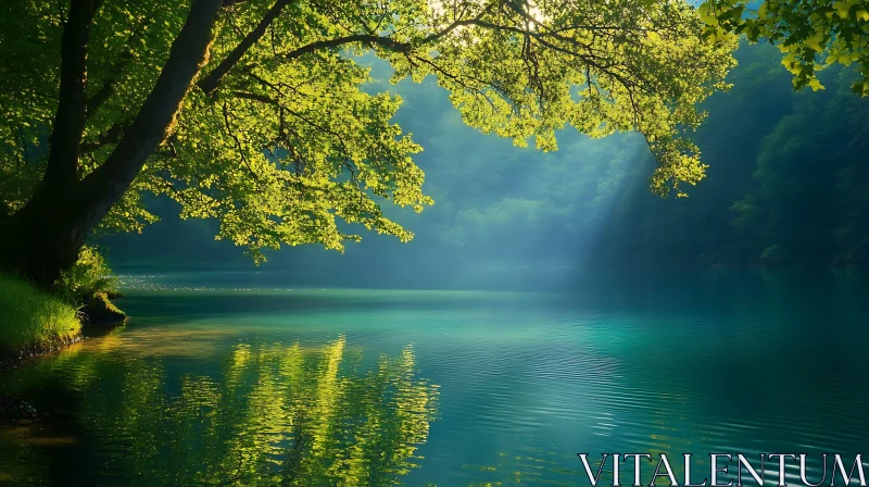 Tranquil Lake with Morning Sunlight and Green Foliage AI Image