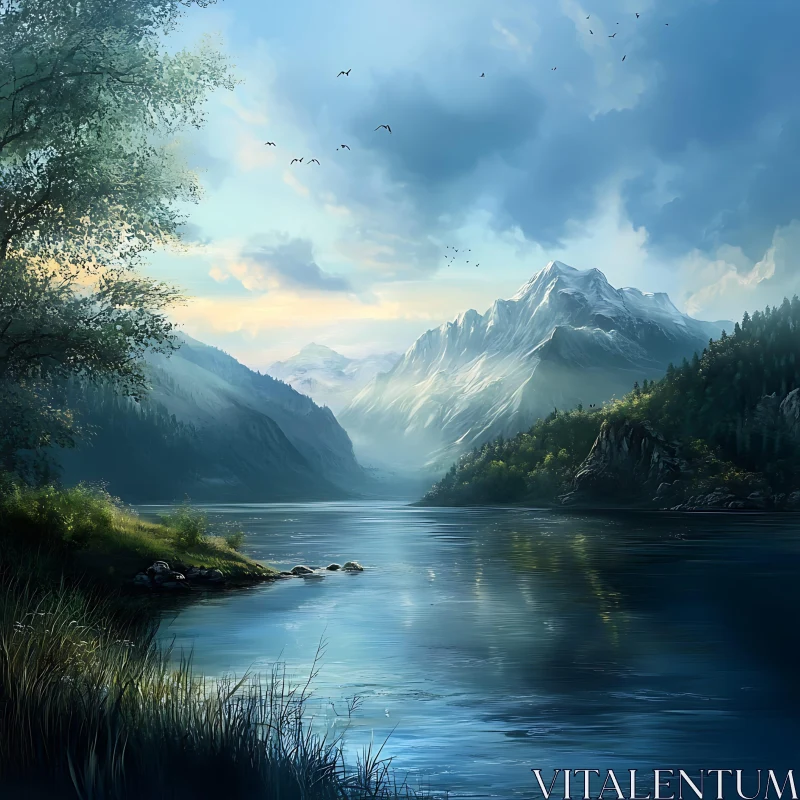 Peaceful Mountain Lake Scene AI Image