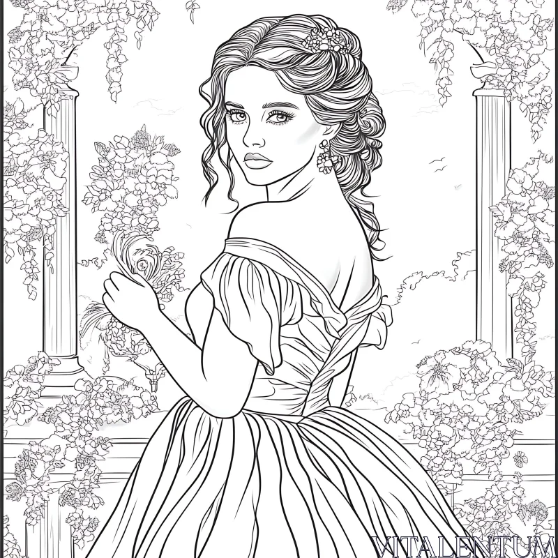 Classical Garden Lady Line Art AI Image