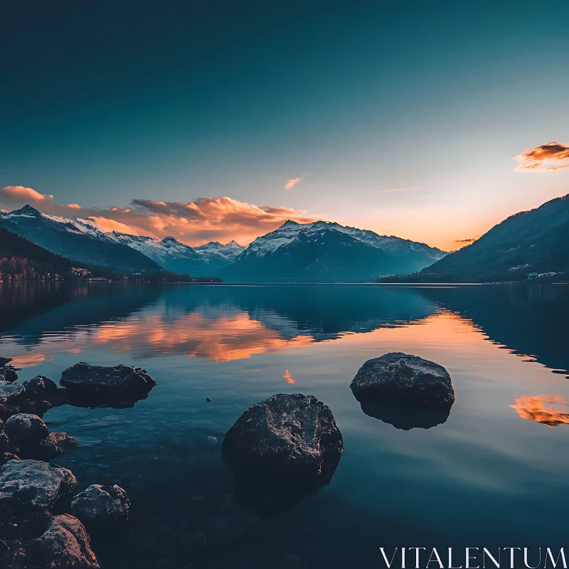 Tranquil Sunset by the Lake with Mountain Views AI Image