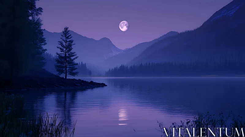 Moonlit Mountain Reflections on a Tranquil Lake AI Image