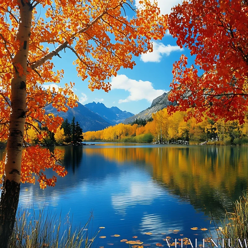 Scenic Autumn Lake with Colorful Foliage and Mountain Backdrop AI Image