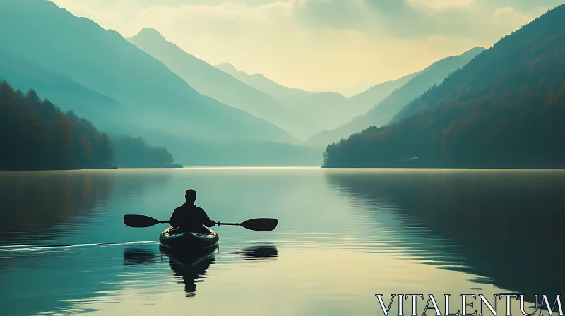 Tranquil Kayaking amidst Misty Mountains AI Image