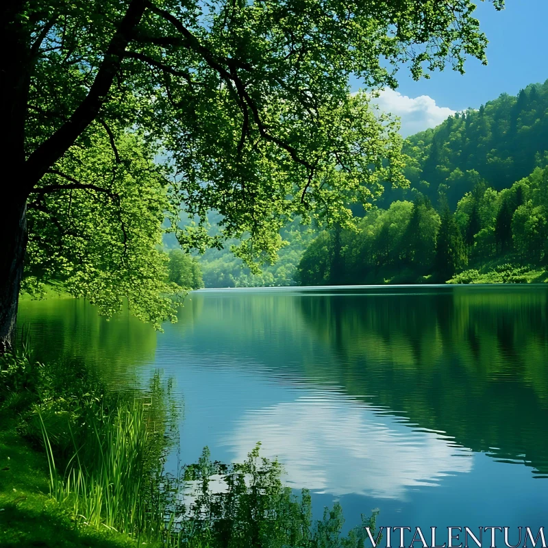 Tranquil Lakeside Scene with Lush Greenery AI Image