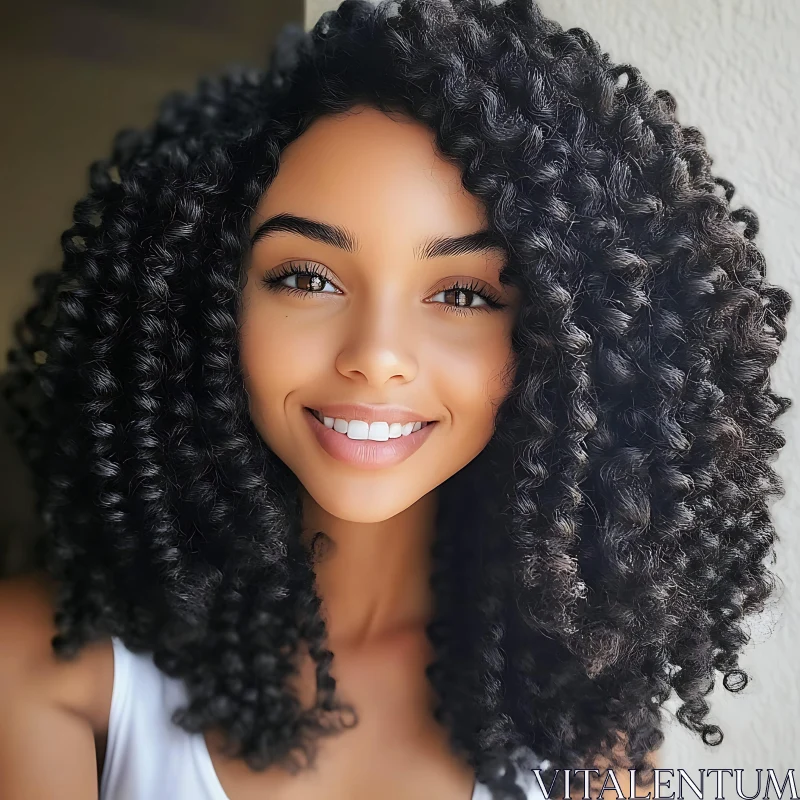 Radiant Woman with Natural Curls Smiling AI Image