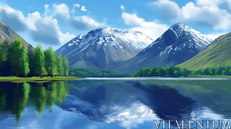 AI ART Tranquil Mountain Scene with Clear Lake Reflection