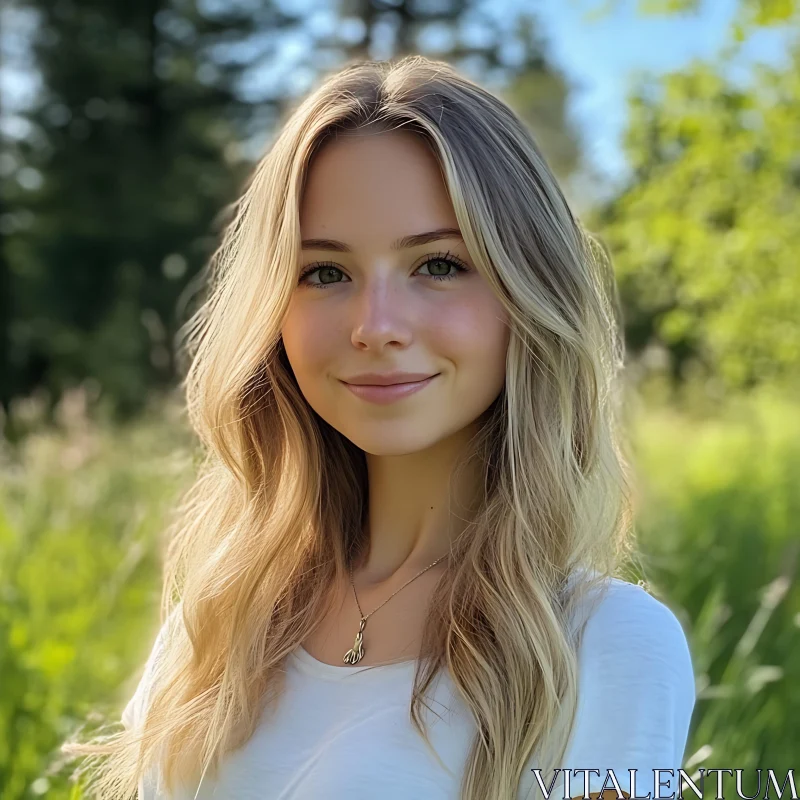 Serene Outdoor Portrait of a Blonde Woman AI Image