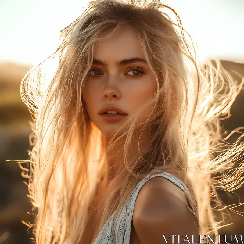 Ethereal Sunset Portrait of a Blonde Woman AI Image