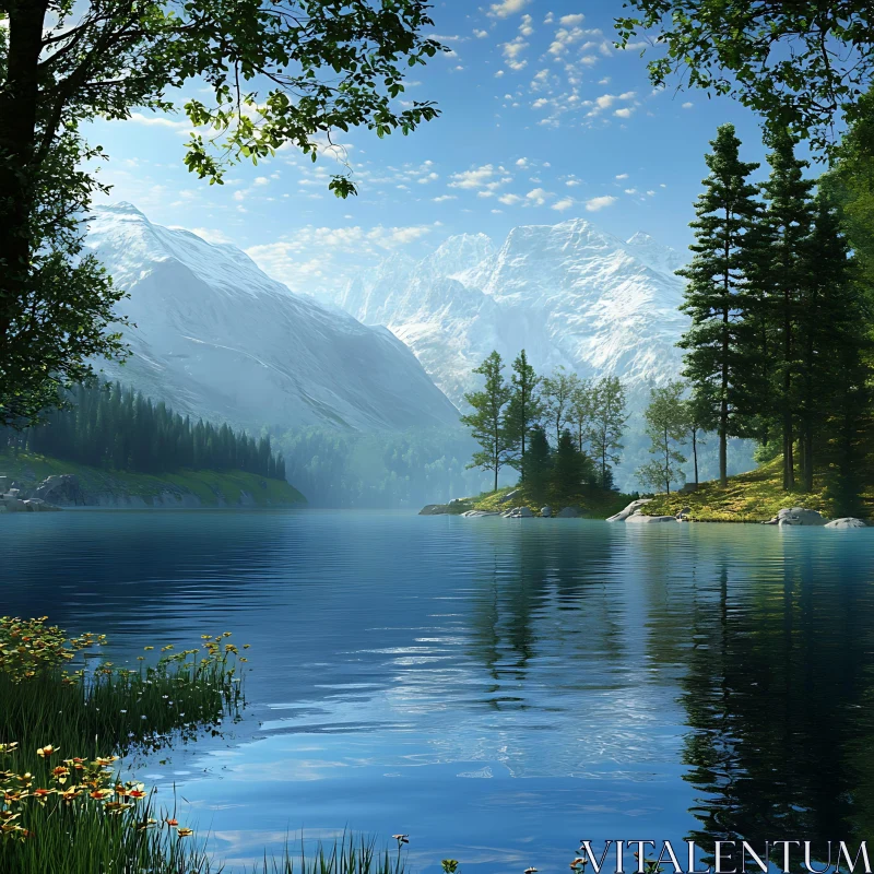 Tranquil Lake Scene with Reflective Waters AI Image