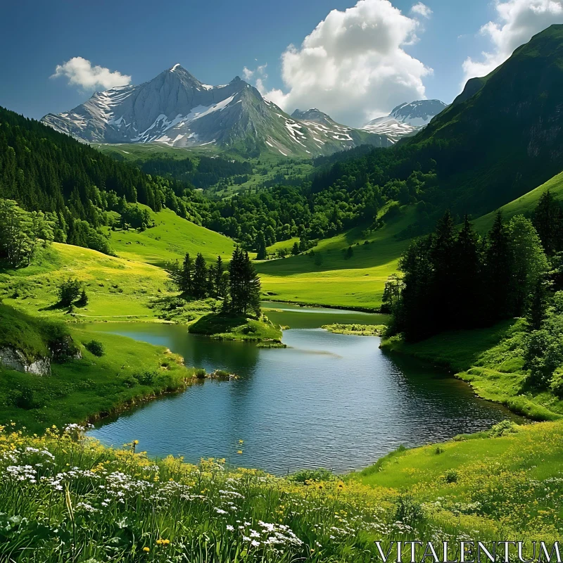 Tranquil Alpine Scene with Snow-Capped Peaks AI Image