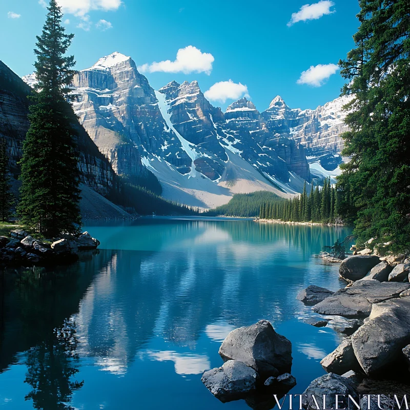 Peaceful Alpine Scene with Clear Lake and Majestic Mountains AI Image