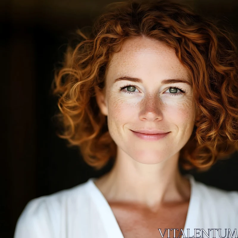 Redhead Woman with Curly Hair Smiling Warmly AI Image