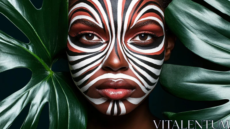 Artistic Portrait with Bold Face Paint and Leaf Elements AI Image