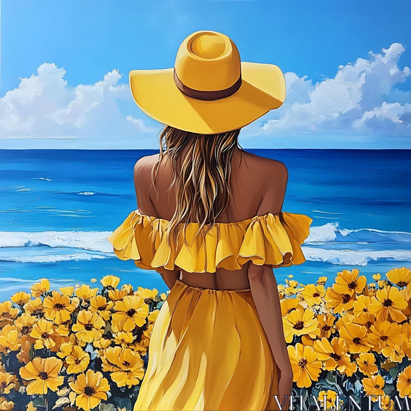 Yellow Dress Woman at Scenic Ocean View AI Image