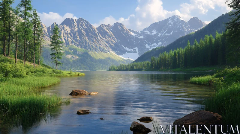 Tranquil Lake Surrounded by Mountains and Forest AI Image