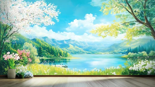 Serene Mural of Lake Surrounded by Nature