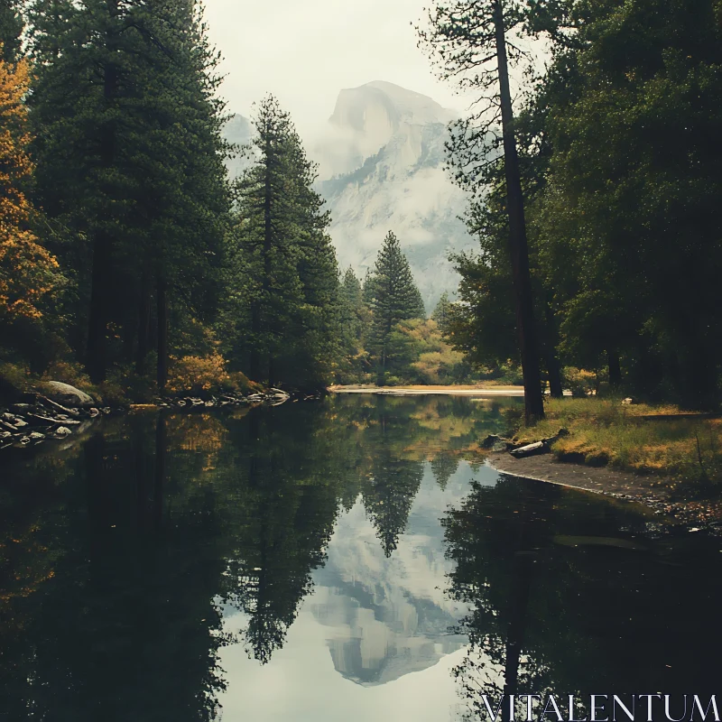 Tranquil River Scene with Mountain Reflection AI Image