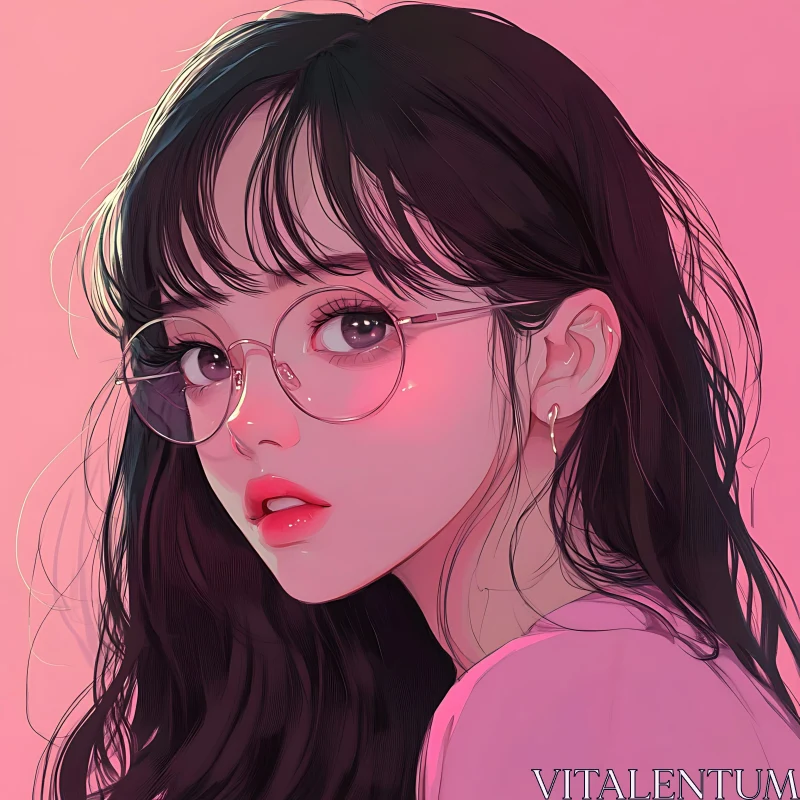 Soft Pink Anime Girl with Glasses Portrait AI Image