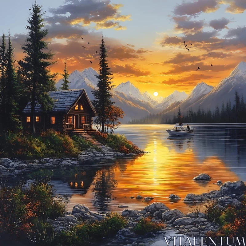 Tranquil Sunset by the Lakeside Cabin AI Image