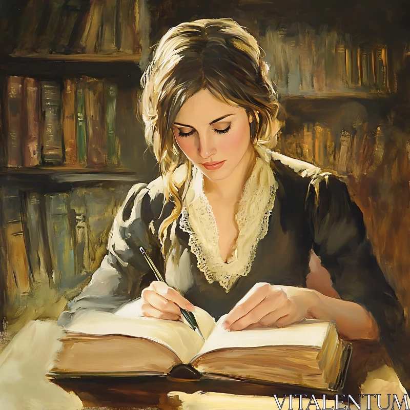 Young Woman Reading and Writing in Historical Setting AI Image