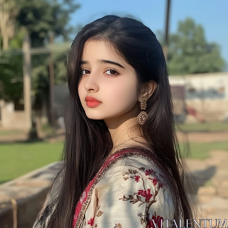 Young Woman in Traditional Dress Outdoors AI Image