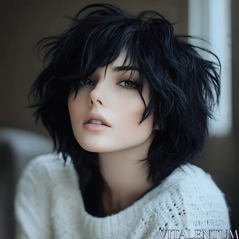 Woman in White Sweater with Tousled Hair AI Image