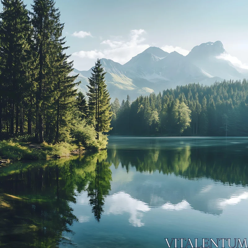 Alpine Lake with Forest and Mountain Reflection AI Image