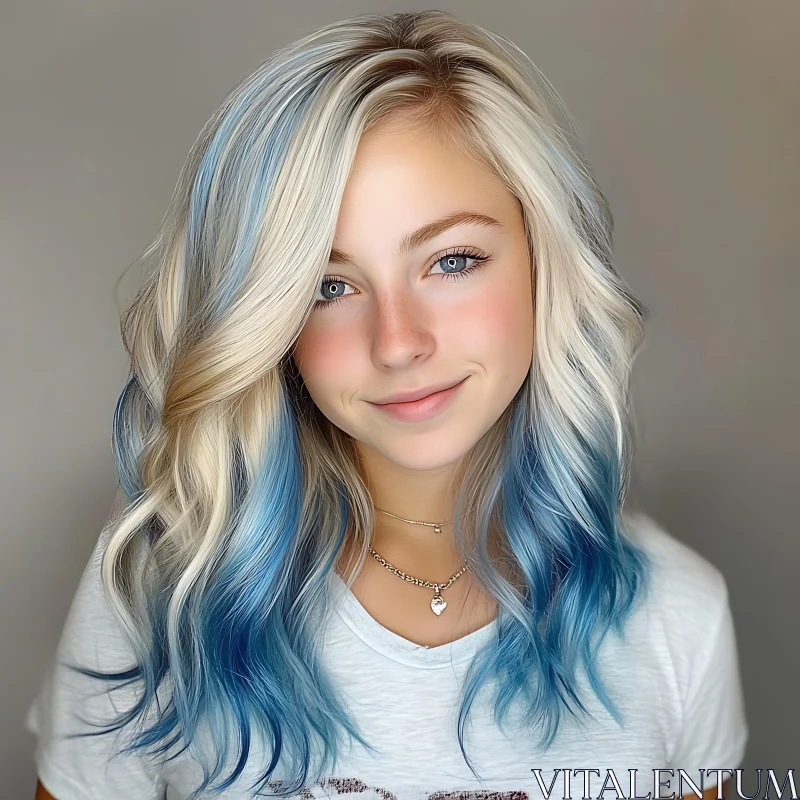 Smiling Woman with Blonde and Blue Hair AI Image