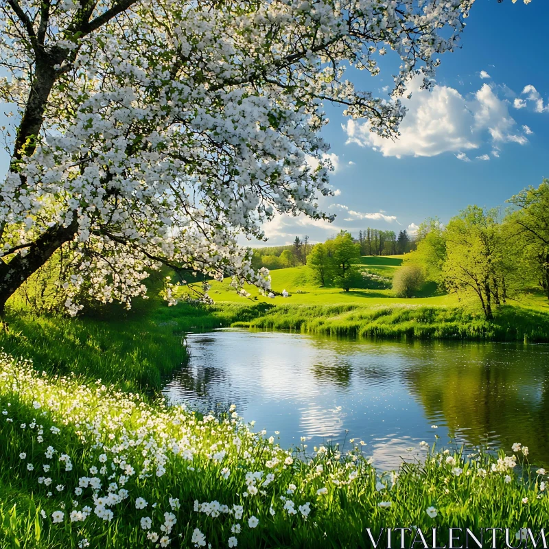 Tranquil Spring Scene with White Blossoms and River AI Image