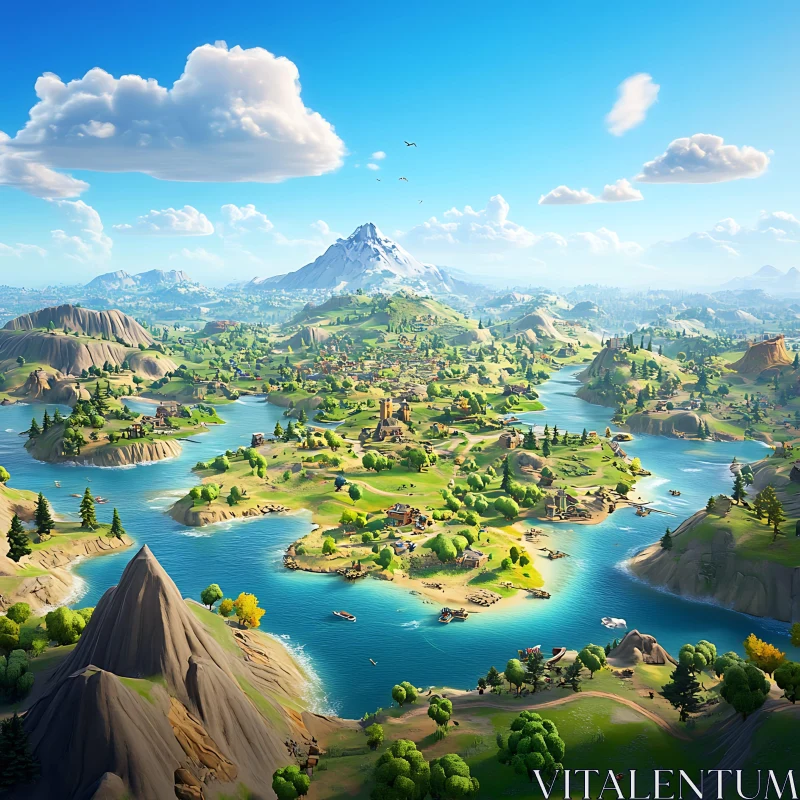 Idyllic Island with Lakes and Mountain Horizon AI Image