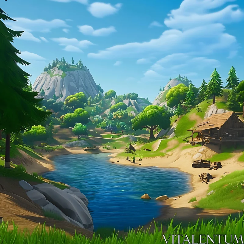 Idyllic River Landscape with Mountains and Cabin AI Image