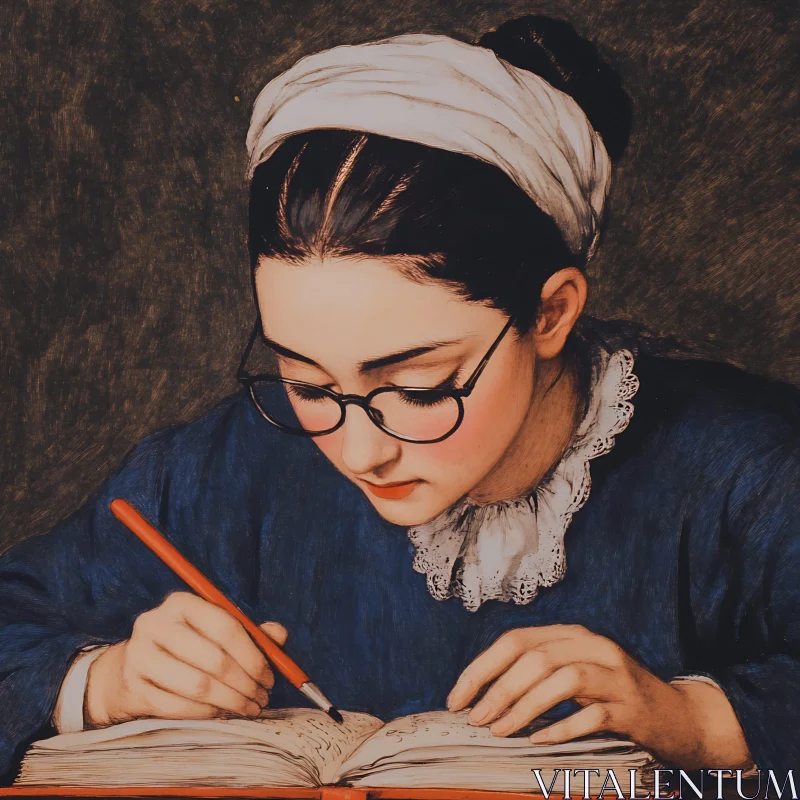 Studious Young Individual with Glasses and Headscarf Writing AI Image