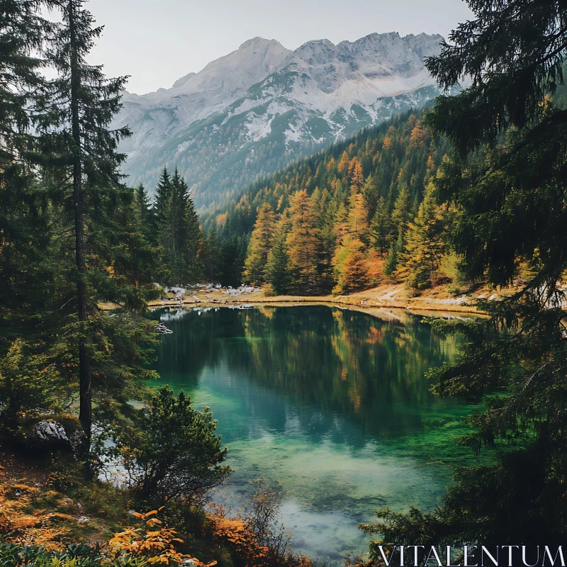 AI ART Serene Lake Surrounded by Autumn Forest with Mountain View