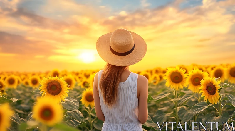 Woman Among Sunflowers at Sunset AI Image