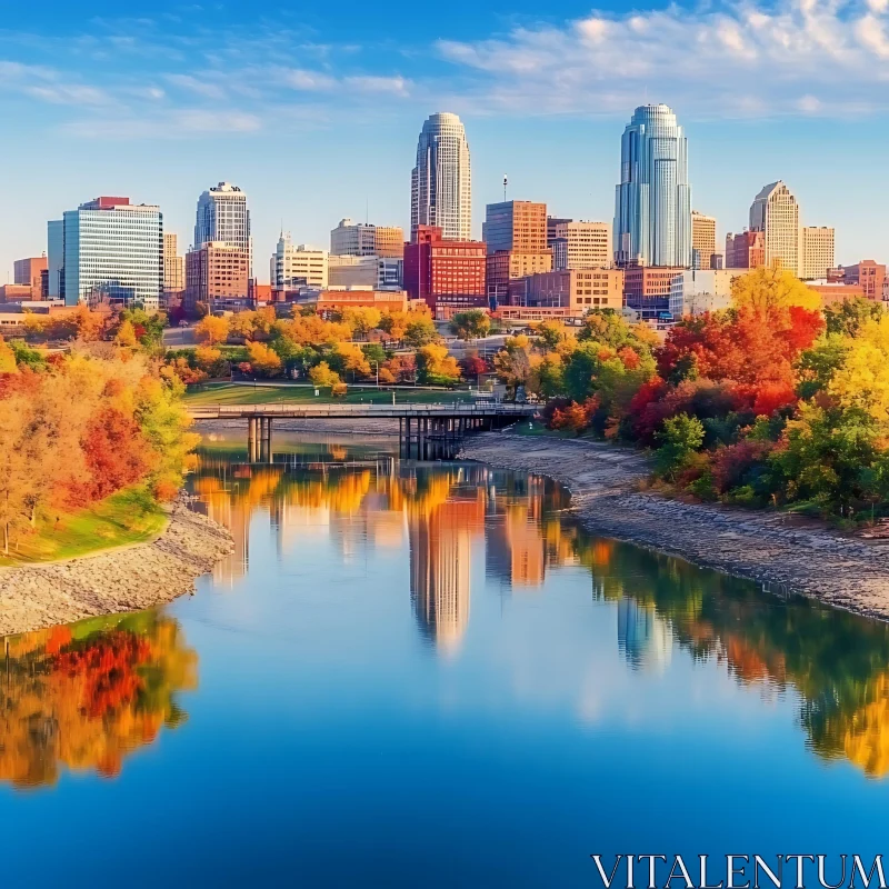 Urban Skyline with Fall Colors and River Reflections AI Image