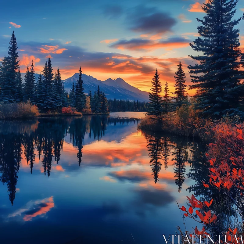 Dramatic Sunset at a Mountain Lake AI Image