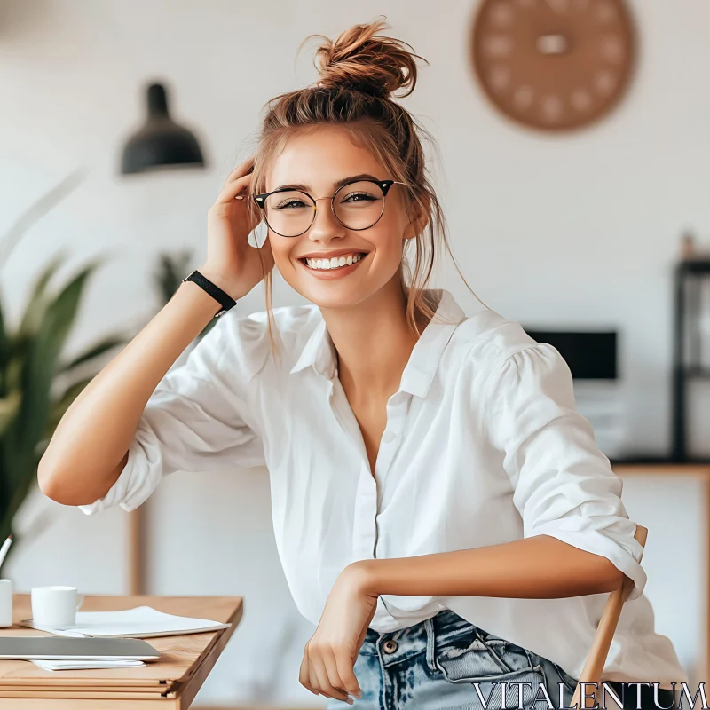 Woman with Glasses Smiling in Casual Attire AI Image