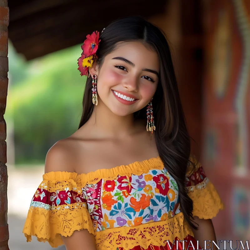 Smiling Woman in Bright Floral Outfit AI Image