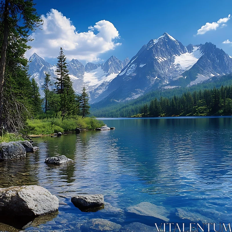 Serene Lake with Majestic Mountains and Verdant Forest AI Image