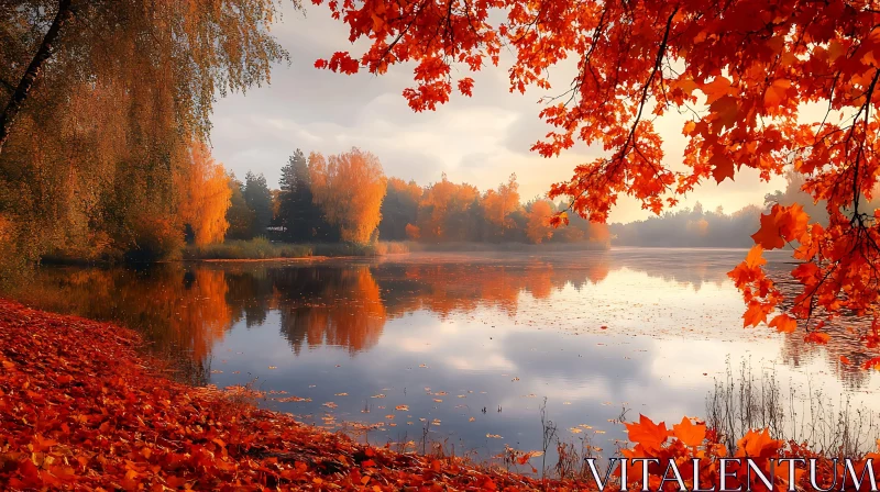 Serene Lake with Vibrant Autumn Leaves AI Image