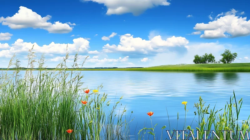 Serene Lakeside View with Bright Clouds AI Image