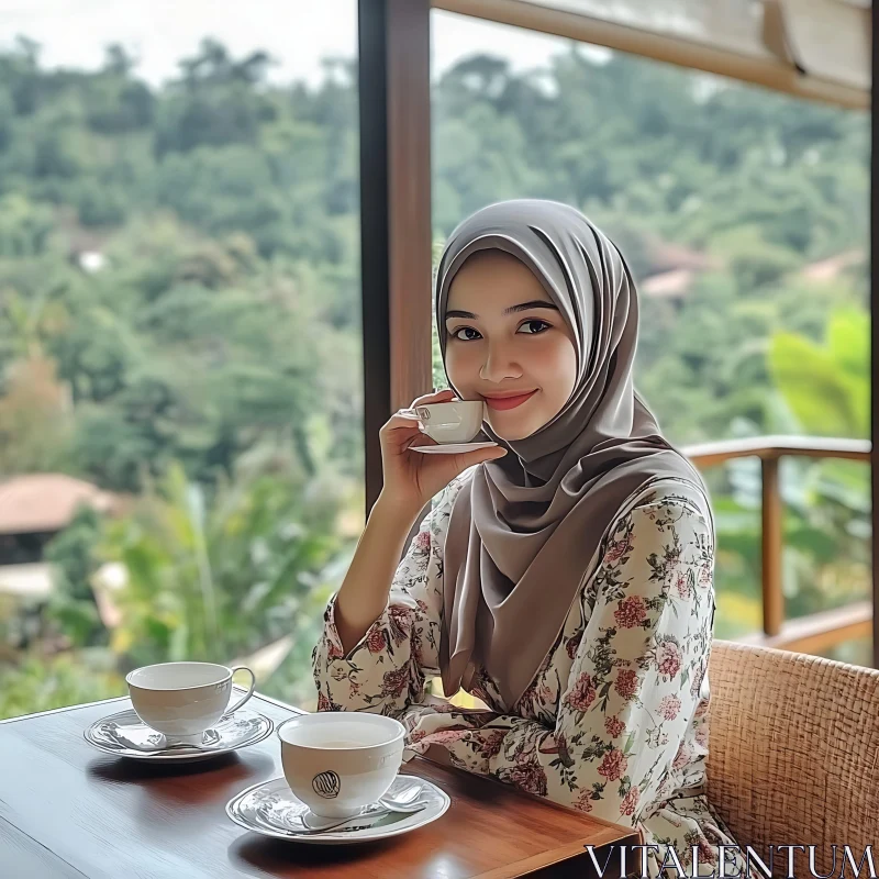 Serene Moment of a Woman Enjoying Tea AI Image