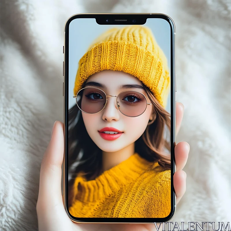 AI ART Fashionable Woman in Yellow Hat Displayed on Mobile Device