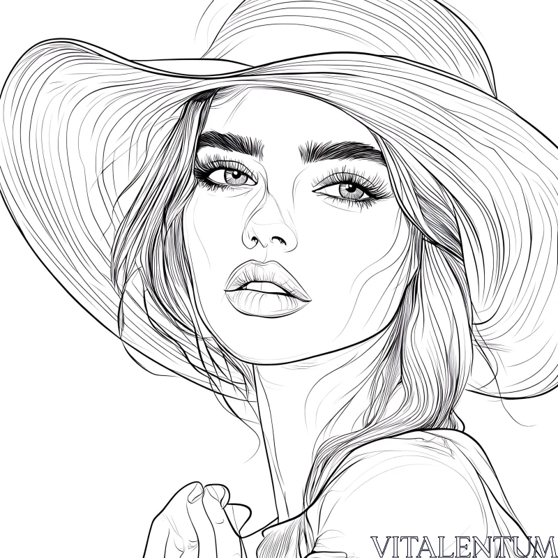 Stylish Line Art Illustration of a Woman in a Hat AI Image