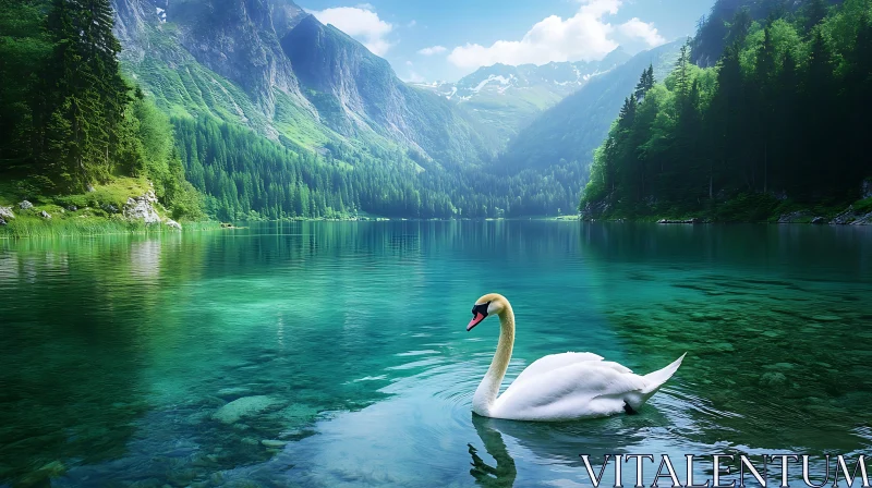 Swan in Crystal Clear Lake Amidst Green Mountains AI Image